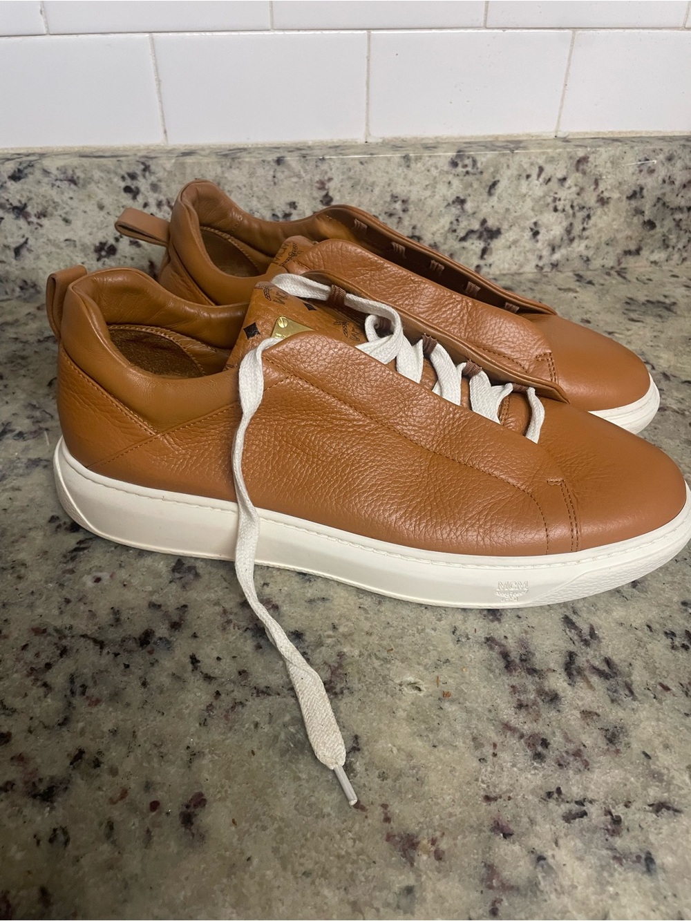 MCM luxury Tan Men's Casual pebbled Leather Sneakers 45 size 12 Fall walk shoe